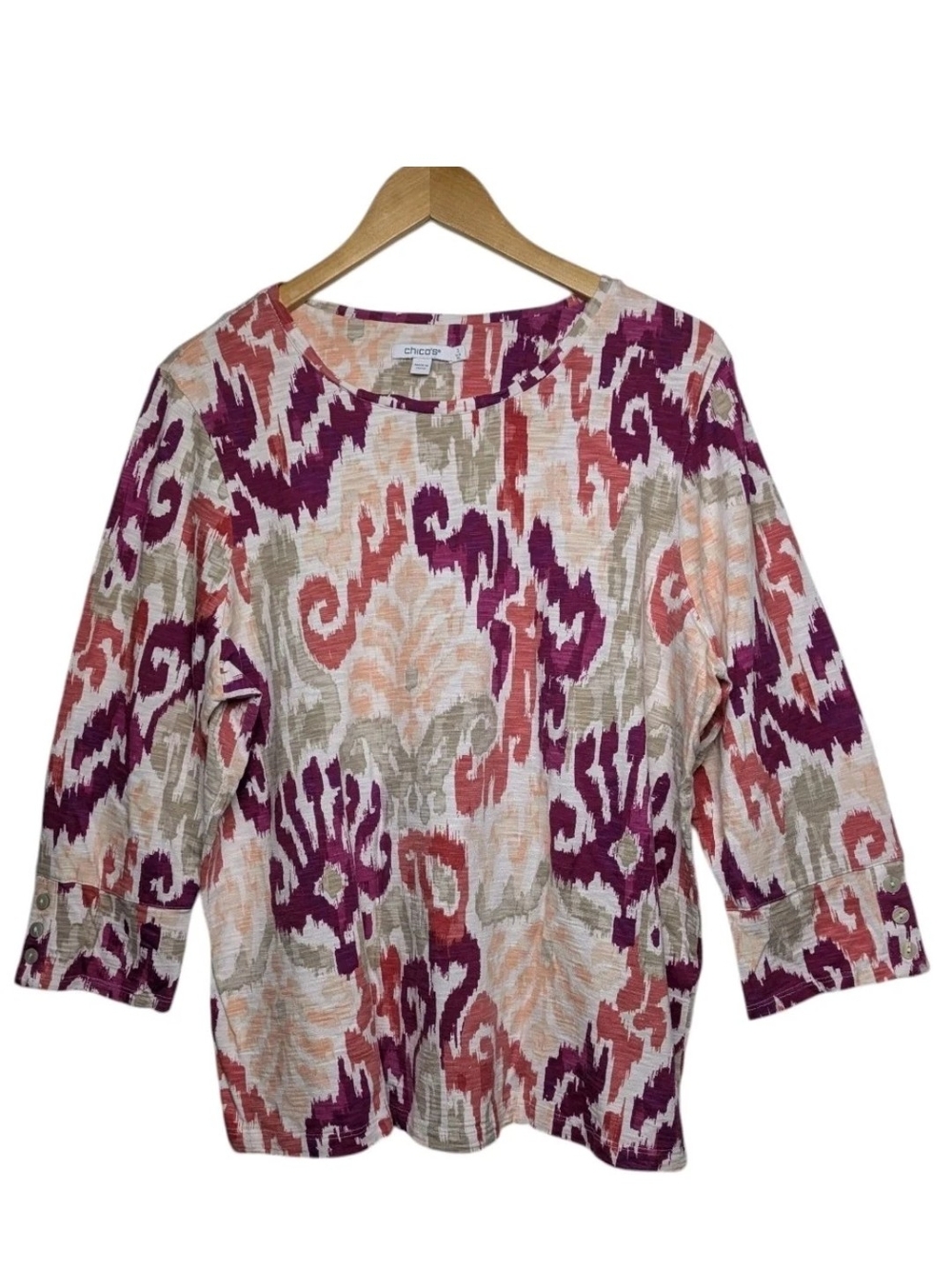 Chico's Multicolor Ikat-Print 3/4 Sleeve Tunic — Plum, Coral & Taupe